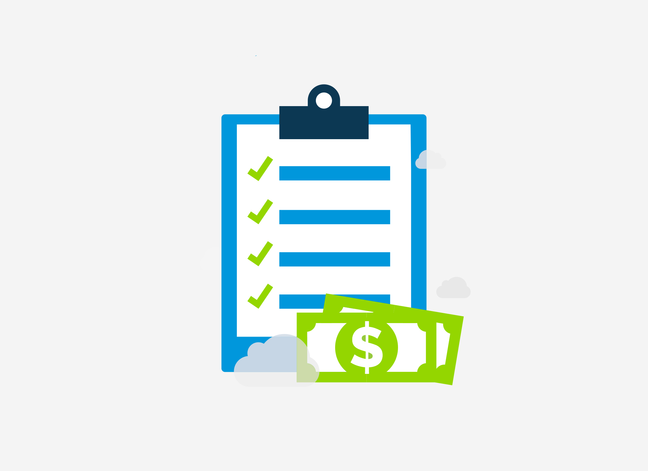 icon of clipboard with check marks and dollar bills